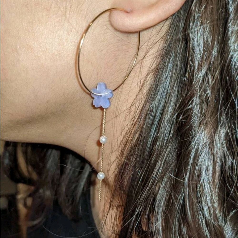 Gold Hoop Flower Dangle Earrings Pearl Chain Purple Fairy Coquette 💖2/$30 - Picture 4 of 10